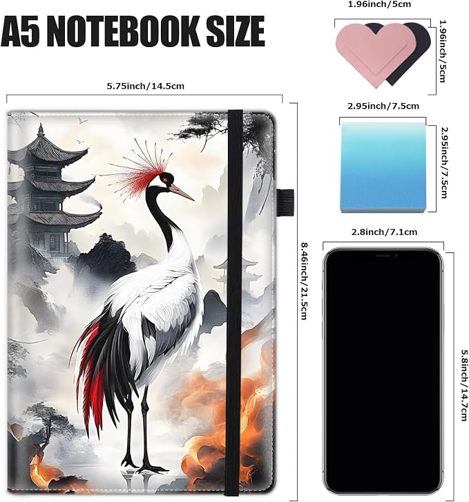 Hardcover Executive Notebooks, A5 PU Leather Lined Journal Notebook, 200 Pages Thick Paper Subject Notebooks for School,Work,Home Writing Business Notebook,White Crane Watercolor Painting