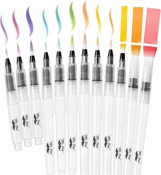 Mr. Pen- Watercolor Brush Pens, 12 pcs | 9 x Point Tips and 3 x Flat Tips Styles, Refillable Watercolor Pens for Acrylic, Gouache Painting, Crayons