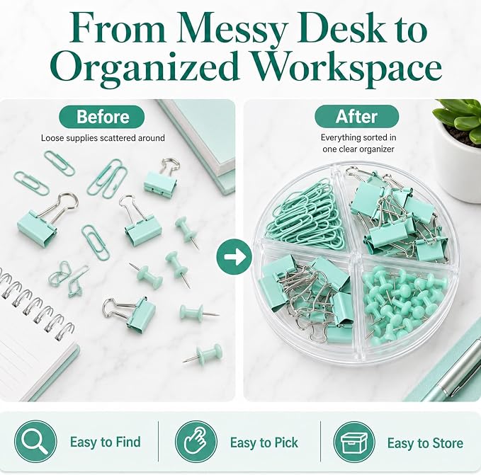 Paper Binder and Clips Set, Metal Assorted Sized Binders with Push Pins, Cute Office Supplies, Teacher Desk Must Haves, Cute Desk Accessories, Green, 1 Pack