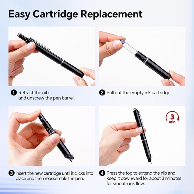 WRITECH Fountain Pen Left Handed: Retractable Style Black Ink Set Fine Nib, Includes 5 Ink Cartridges for Smooth Writing Calligraphy Journaling