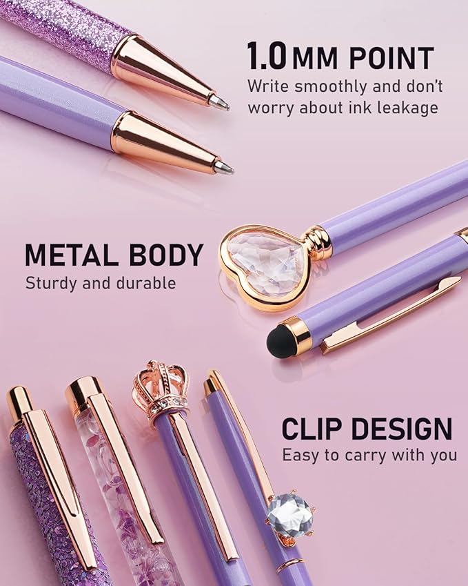 WEMATE 8Pcs Purple Pens, Metal Crystal Diamond Pens with Black & Blue Ink | Fancy Pens for Journaling, Office & Gift Supplies for Women Girls, Birthday and Back to School