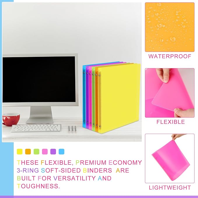 Fulmoon 6 Pack Plastic 3 Ring Binder Assorted Colors Economy Flexible Round Ring Presentation Binders with Pocket for Office School Meeting(0.5 Inch,Neon Colors)