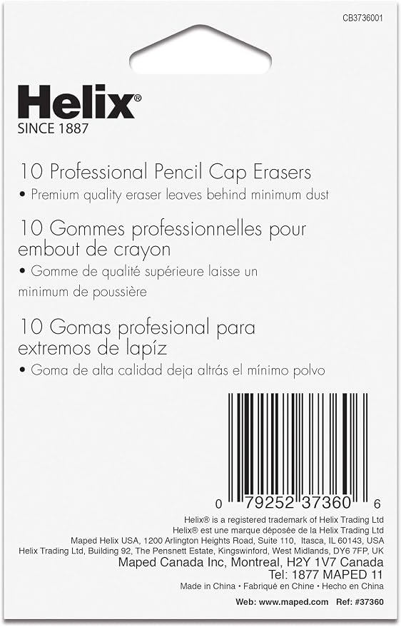 Helix - Professional Pencil Cap Erasers 10ct - Efficient Correction - Durable & Clean - Ideal for Students and Professionals - Latex Free