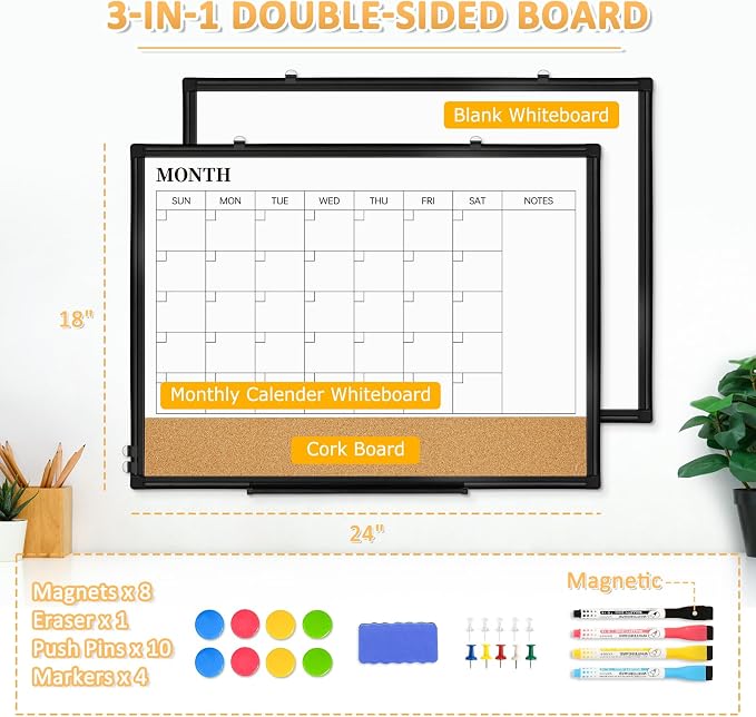 Monthly Dry Erase Calendar Whiteboard with Corkboard, 24" x 18", Black | Magnetic, White Board Cork Board Combo, Double Sided, Wall Mounted, Aluminum Frame, for Home, Office, Kitchen, Dorm