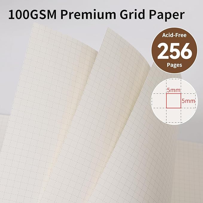 Graph Grid Paper Notebook,256 Pages,A5 Size (5.7'' x 8.3''),Vintage Tree Growth Rings Leather Hardcover Journal,100 GSM Thick Paper,for Daily,Work,School,Note Taking(Khaki)