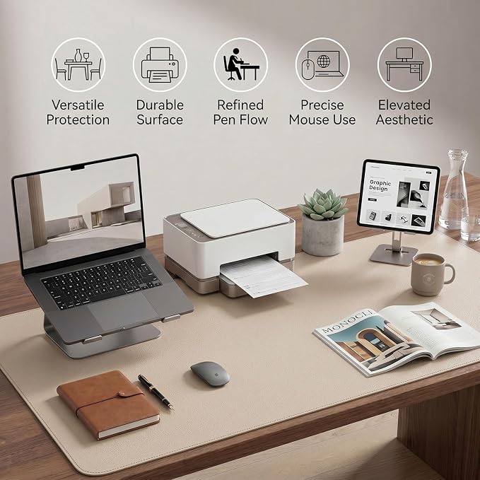 Large Desk Pad Non-Slip Desk Mat Protector for Keyboard Mouse Waterproof Vegan Leather Surface Faux Leather Laptop Mat Smooth Mouse Pad Premium Gift Tube Warm Beige 47" x 23"