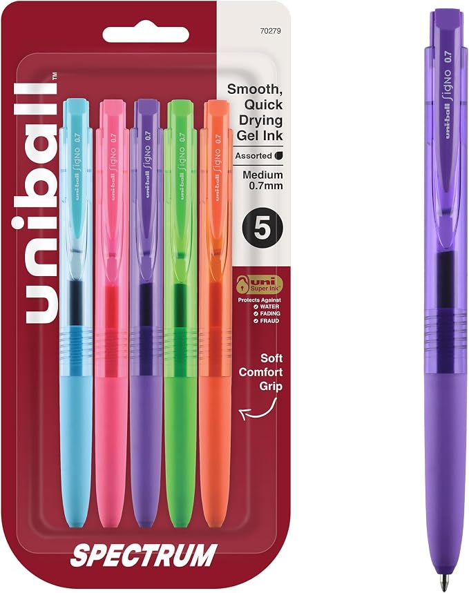 uniball Spectrum Retractable Gel Pens, Medium Point (0.7mm), Assorted Ink, 5 Pack