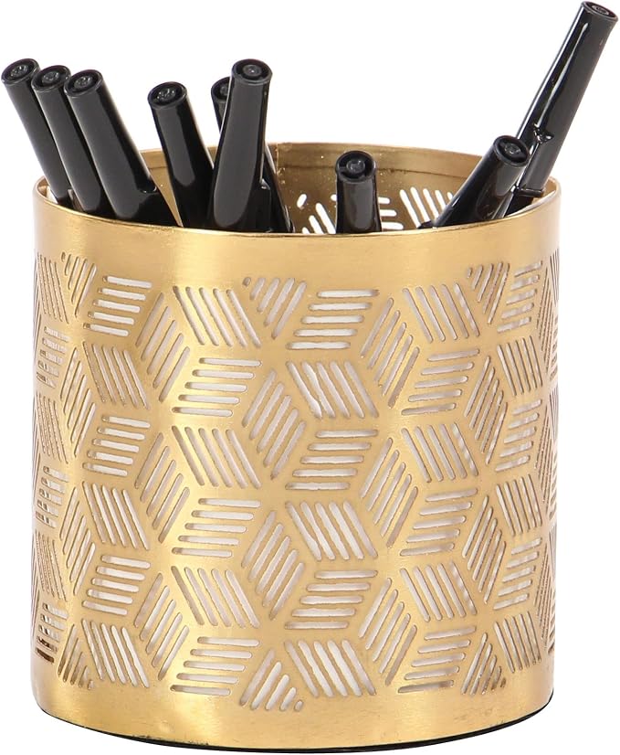 Deco 79 Metal Geometric Pencil Cup with Laser Carved Design, 4" x 4" x 4", Gold | Desk Storage Geometric Pen Holder With Laser Carved Design Pen Cup