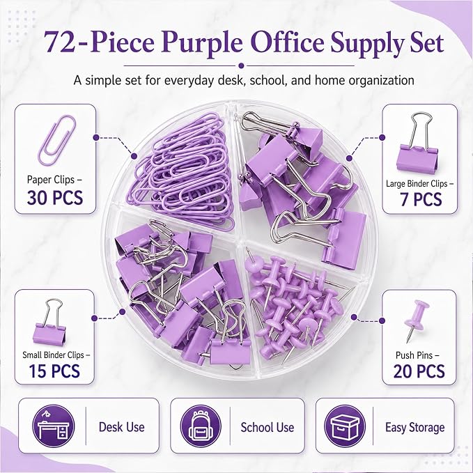 Purple Binder Clips and Paper Clips Push Pins Tacks Sets, Total 72 PCS Assorted Sizes Office Supplies Set for Women, Student, School, Home & Desk Supplies