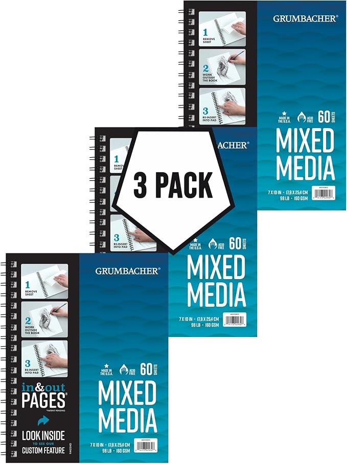 Grumbacher 7" x 10" Mixed Media Paper Pad with in & Out Pages, 160 GSM, Side Wire Bound, 50 White Sheets/Pad, 3-Pack
