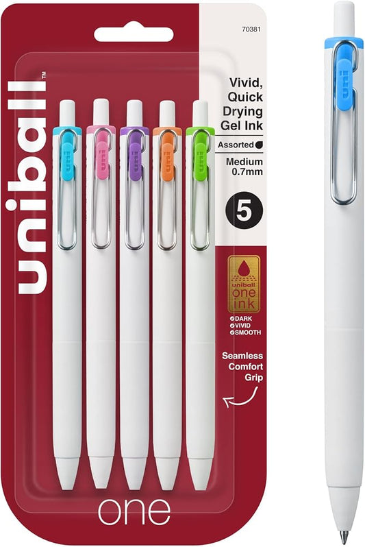uniball™ one Gel Pens, Medium Point (0.7mm), Assorted Ink, 5 Pack | Ink stays on top of paper fibers for crisp vivid lines, wire pocket clip, color indicator top, smooth barrel & rubber grip