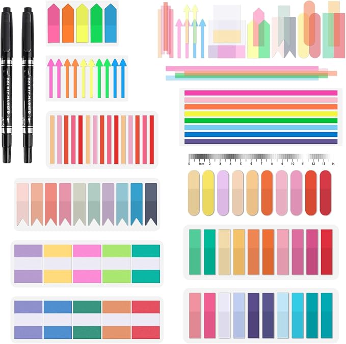 BAYTORY 1800Pcs Transparent Sticky Tabs, 2Pcs Double Marker Pens | See Through Clear Label Stickers, Self-Adhesive Translucent Index Tabs, Sticky Notes for Bible Accessories (Bright Colors)