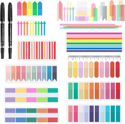 BAYTORY 1800Pcs Transparent Sticky Tabs, 2Pcs Double Marker Pens | See Through Clear Label Stickers, Self-Adhesive Translucent Index Tabs, Sticky Notes for Bible Accessories (Bright Colors)