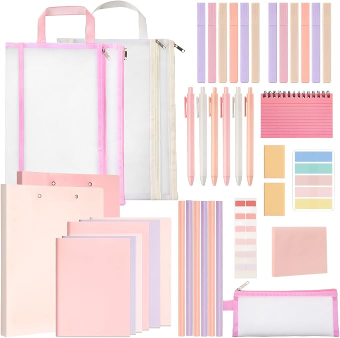 Colarr 54 Pcs Aesthetic College School Supplies Back to School Set,Pink | 3 A5 + 3 B5 Lined Notebook, 12 Gel Pen, 12 Pencil, 12 Highlighter, Sticky Tabs, Folder Storage Bag, Journal Stationery Set