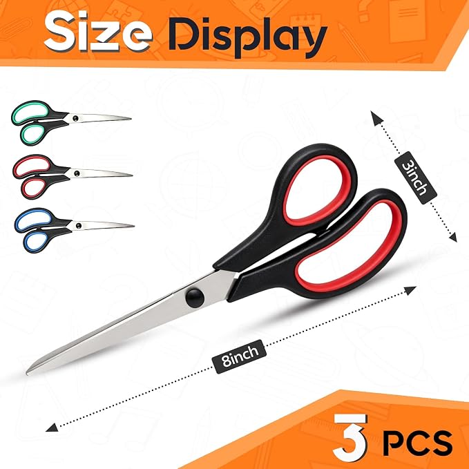 Scissors 8.5 Inch scissors all purpose for Office, Home, Sewing,and Crafts,Soft Comfort-Grip Right/Left Hand 3-Pack, Multicolor