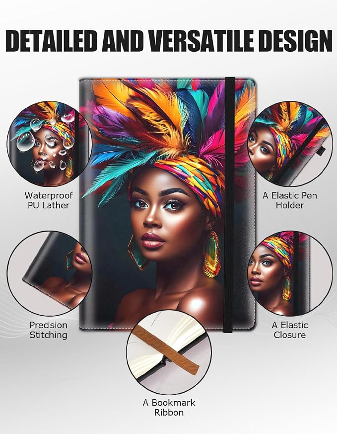 Hardcover Executive Notebooks, A5 PU Leather Lined Journal Notebook, 200 Pages Thick Paper Subject Notebooks for School,Work,Home Writing Business Notebook, Diary Book ，African American Women