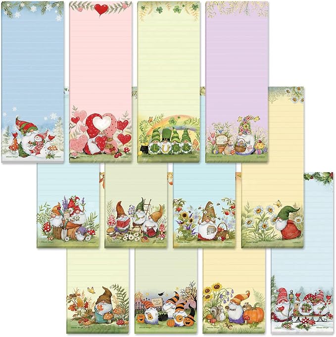 Current Seasonal Holiday Gnomes Magnetic Notepad Set – Set of 12 Mini Memo Pads, 30-Sheet Pads, 2½ x 6½ Inches, Easter, Christmas, Thanksgiving Shopping List, to-Do Notes, Printed in The USA