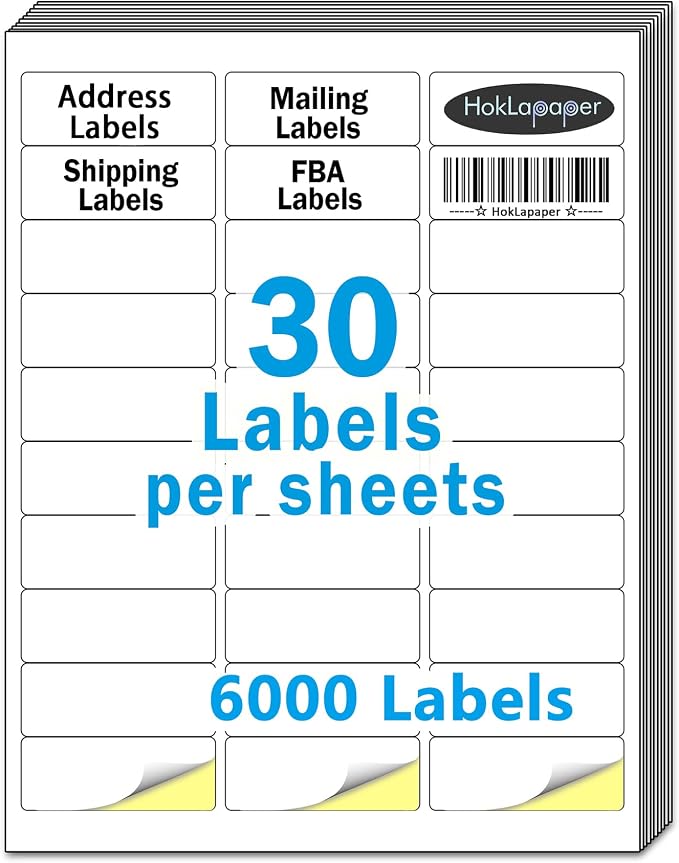 1"x2-5/8"Mailing Address Labels, 6000 Sticker Labels(200 Sheets) | Printable White Blank Labels for Laser/Inkjet Printer, Permanent Adhesive FBA Labels