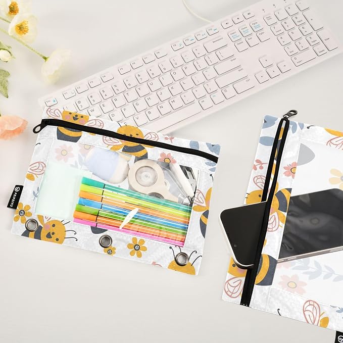 Funny Bee Honey Modern Pencil Pouch for 3 Ring Binder 2 Pack Zipper Binder Pencil Bag Case with Clear Window Office Supplies