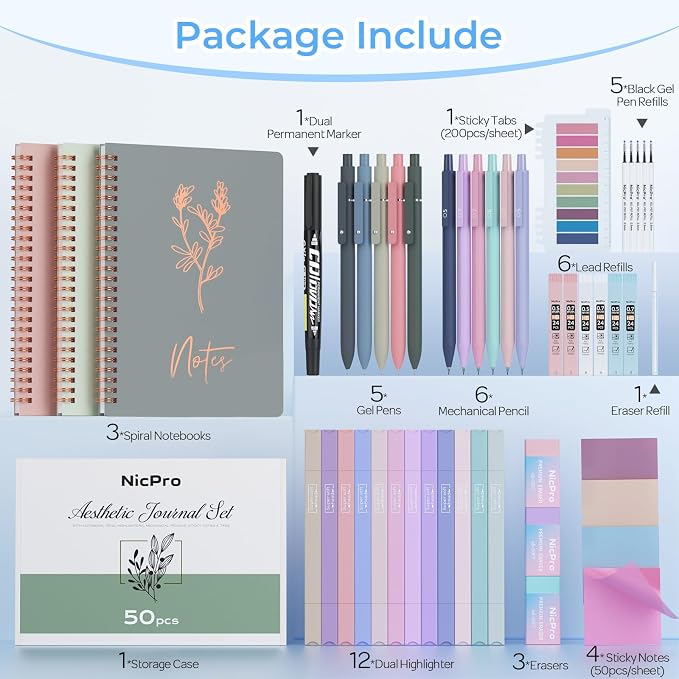 Nicpro 50PCS Cute Spiral Notebook Stationary Set For Women, Bible Journal Set, 3PCS A5 Spiral Notebook, Gel Pens, Sticky Notes & Tabs, Gift Box, Mechanical Pencils for Study Aesthetic School Supplies