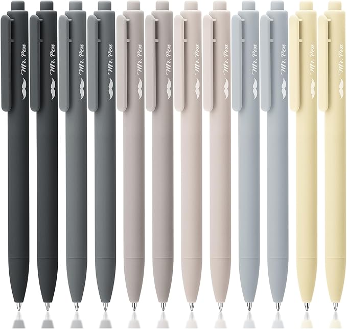 Mr. Pen- Retractable Gel Pens, 12 Pack, Black Ink | Monochrome Elegance Barrel, Fine Point 0.5mm, Fast Dry, Smooth Writing, Cute Pens for Drawing