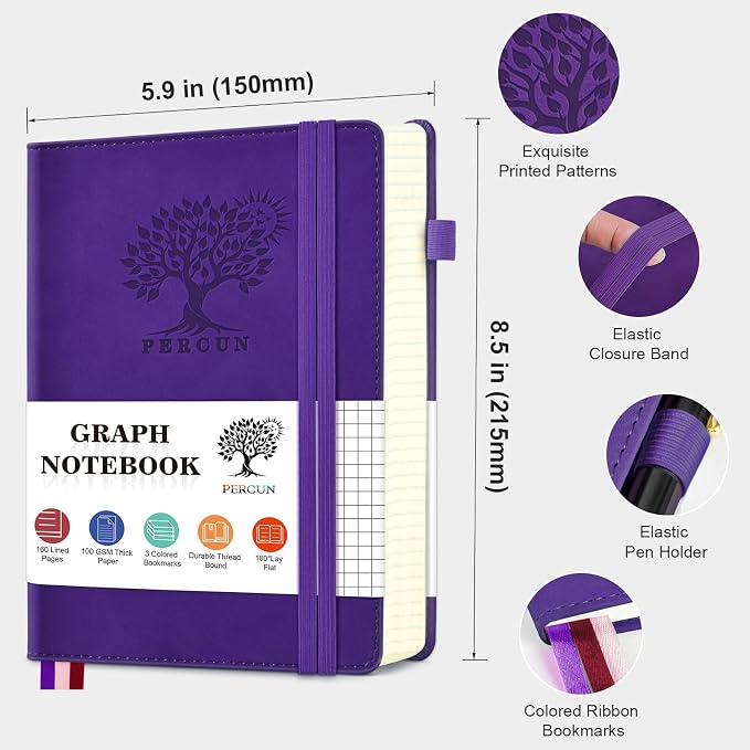 PERCUN A5 Graph Paper Notebook, Leather Journal, 160 Pages Grid Notebook | 5.9"x8.5" hardcover journal with quad ruled paper for work, school, writing, notes, journaling and daily planning.