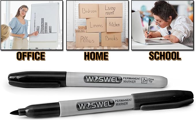 WOSWEL Permanent Markers Bulk, 50 Pack, Black Permanent Marker Pens, Fine Tip, Waterproof, Quick Drying, Smooth Writing, Used on Glass Metal Stone Paper Most Surfaces, Office School Supplies