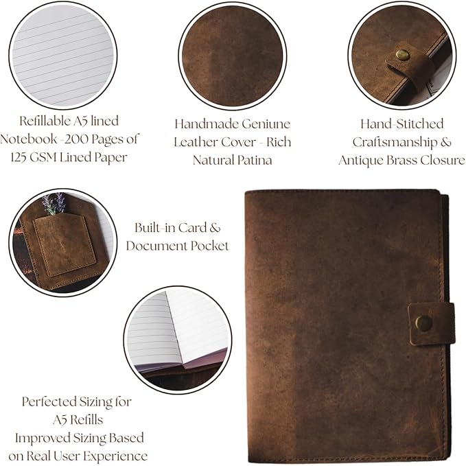 Modest Goods Refillable Leather Journal | Premium Lined A5 Notebook Cover | 200 Ruled Writing Pages | Card Holder Slot | Leather Bound Journals for Men & Women, Best Gift Travel Diary, Cool Planner