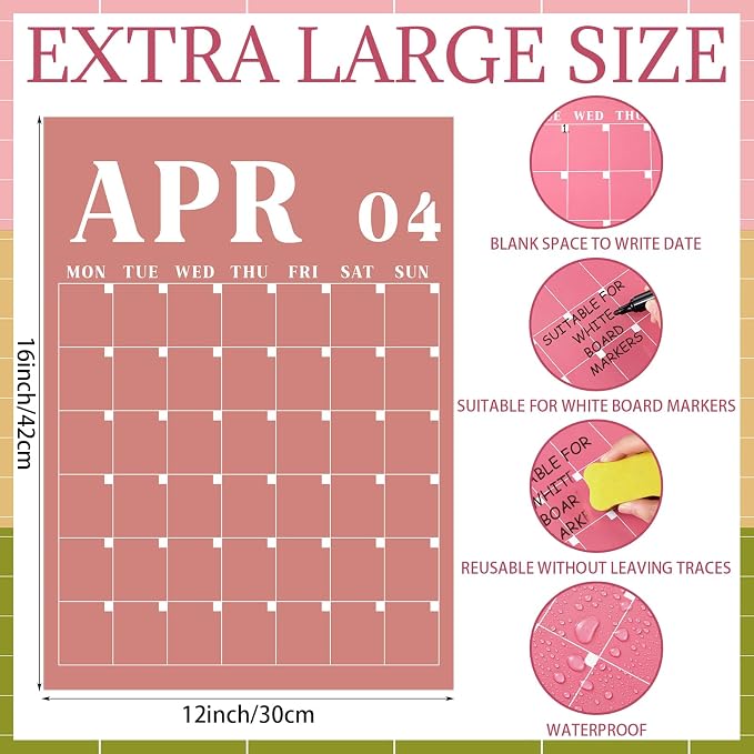 Gueevin 2026 Reusable Classroom Calendar Large Undated Dry Erase Wall Calendar 16 x 12 Inches Big Monthly Blank Planner Yearly Planning for School Organizing Office Home (Retro Contrast Color)
