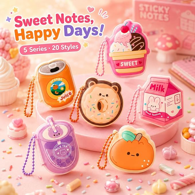 20 Pack Cute Sticky Notes with Chain, Squishy Mini Memo Pads, 20 Styles | 20 Cute Squishy Memo Pads in 5 Fun Series, Pocket-Size Sticky Notes for Planners, Journaling, Rewards, Party Favors and Gifts