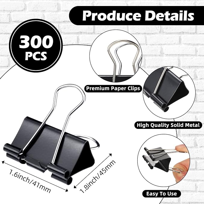 Yexiya 300 Pcs Large 1.61 Inch Binder Clips Bulk Big Paper Clamps Office Supplies Black Paper Clamps for Teachers Students School Office Business Paperwork Supplies