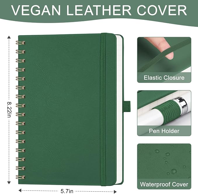 AHGXG Lined Spiral Journal Notebook, 140 Pages, A5 (5.7" x 8.3") | Journals for Women, Hardcover Leather Notebook College Ruled, 100 GSM Paper, for Work School Note Taking (Dark green)