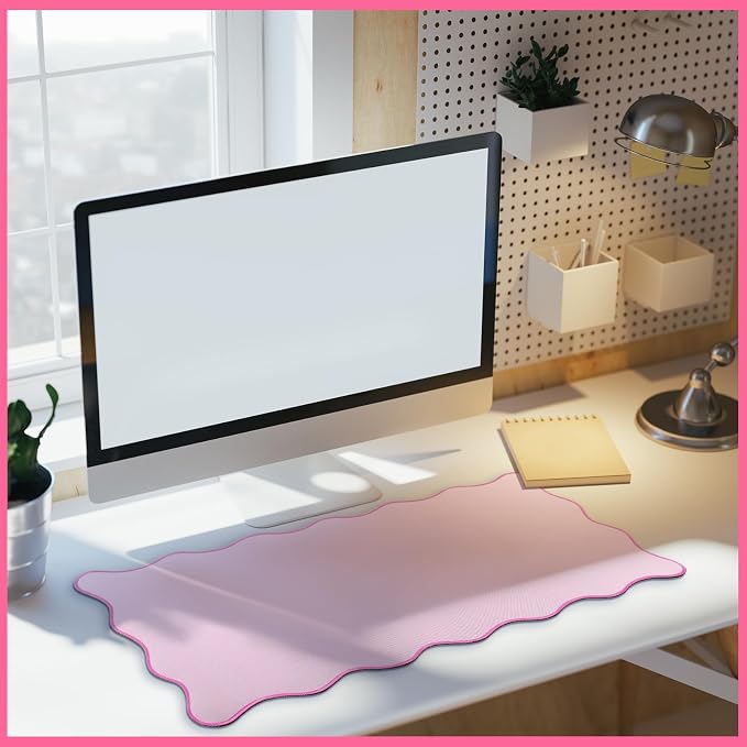 Hahafelt Scalloped Desk Mat Large Desk Pad Cute Coquette Table Mat Back to School Preppy Table Make up Pad Nonslip Graduation Gift with Stitching Waterproof Gaming(Pink,23.6 x 13.8 Inches)
