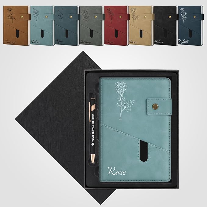 ENOMY Personalized Notebook & Pen Set PU Leather Custom A5 Notebook with Lock 200 Lined Paper Pages Luxury Gift Box for Men Women Travel College Business Gift, Black