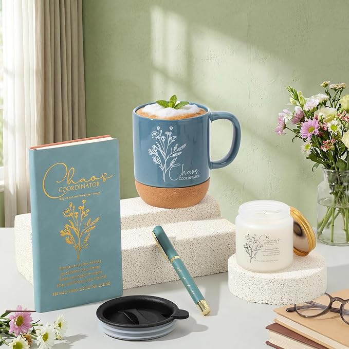 Sayglossy 4 Pcs Blue Chaos Coordinator Gift Set Back to School Gift for Teachers Women Men Notebook Coffee Mug Scented Candle Ballpoint Pen for Teacher Assistant Principal Class School Staff Coworker