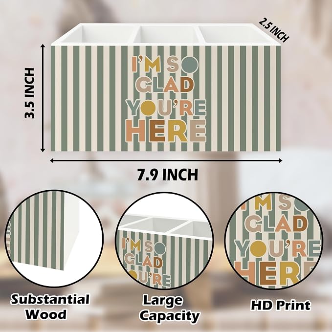 Boho Classroom Pen Pencil Holder Organizer for Desk, I'm So Glad You're Here Sage Green Striped Wooden Box Signs Decorations for Kids Boys Girls Room Bedroom Classroom Desk Tabletop