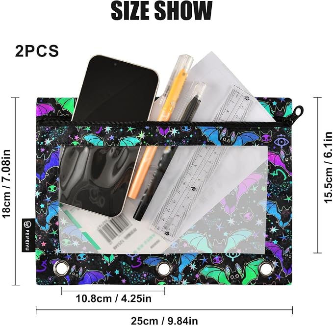 Psychedelic Bat Pencil Pouches for 3 Ring Binder 2 Pack | Binder Pencil Case With Zipper Reinforced GrommetsPencil Bags for Office Organizers