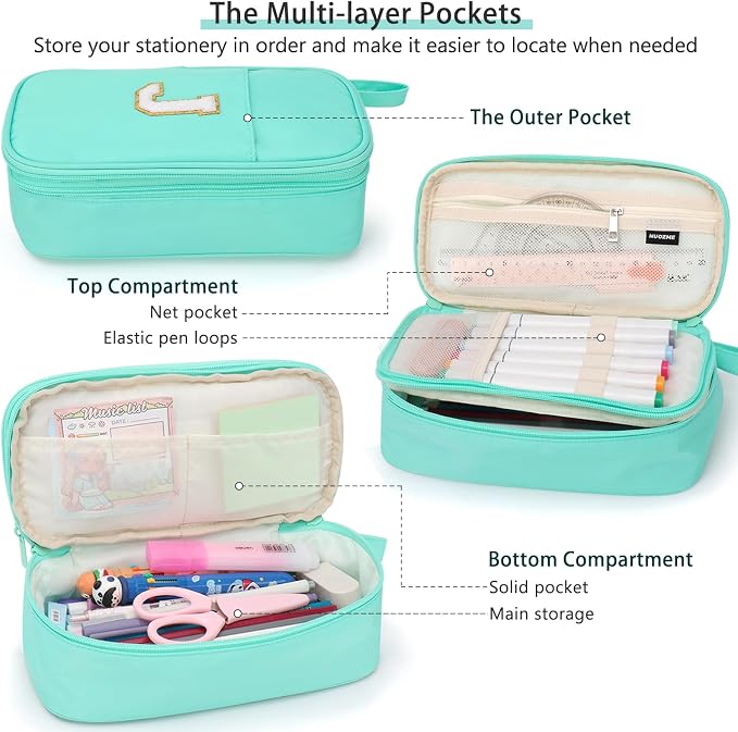 Cute Large Pencil Case Pouch,Personalized Initial Pencil Bag for Girls Boy | Multiple Pockets With Smooth Dual-Zipper, Big Capacity Aesthetic Pen Case Bag For Kids College Art School Gift