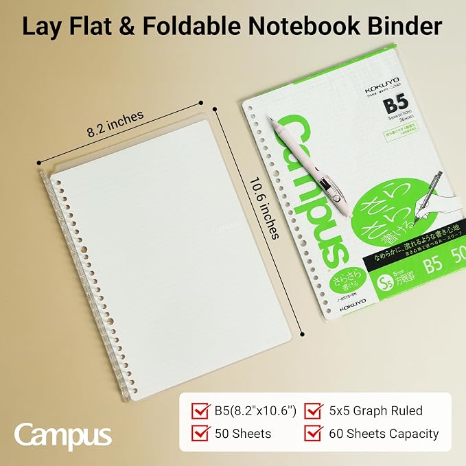 KOKUYO College Stationery Kit, B5 Smart Ring Binder+Graph Paper, 6 Notebooks (Wide+Flat), 0.9mm Mechanical Pencil, 4 Gel Pens (0.5mm Black), Correction Tape, Eraser, Pencil Pouch for College & Office