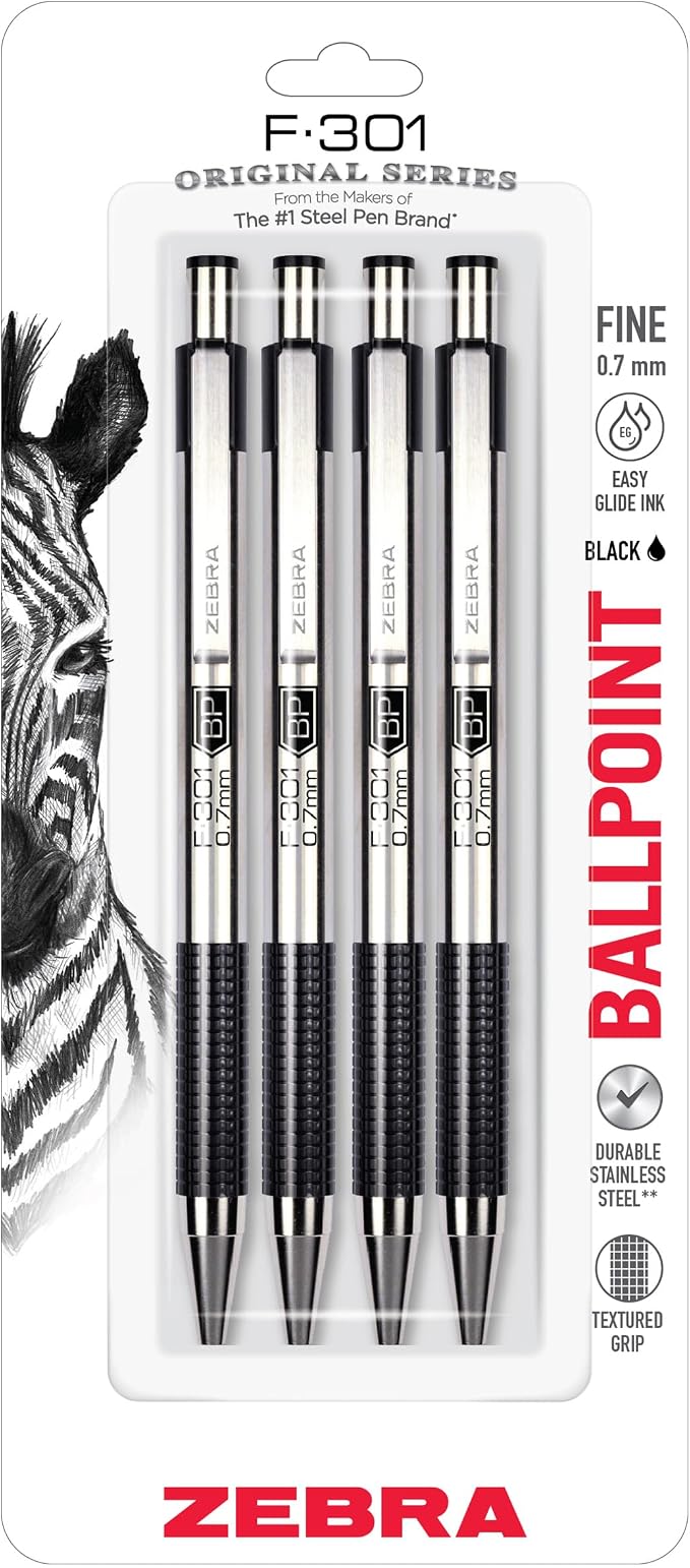 Zebra Pen F-301 Ballpoint Black Ink Fine Point 0.7mm Pen, Easy-Glide Ink, Stainless Steel Retractable, Non-Slip Grip, Professional Design, Ideal for Office, Journal and Planner Use, 4-Pack (27114)