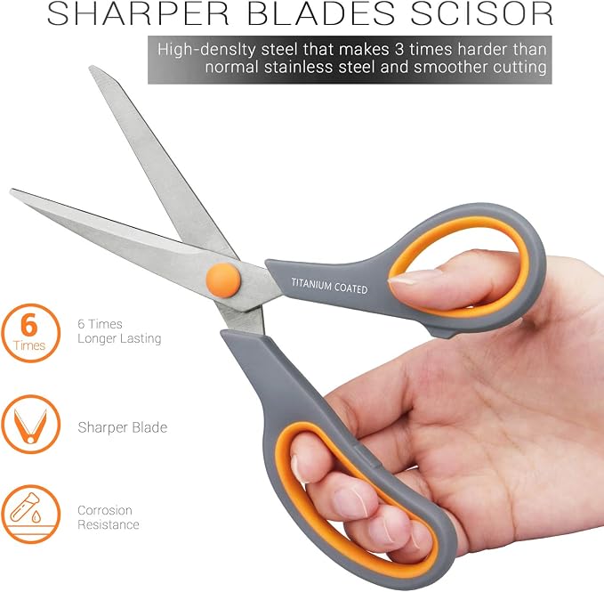 Scissors 8" Multipurpose Titanium Coated Sturdy Sharp, Gray, 1 Pack | Right/Left Handed Comfort-Grip Handles, for Office Home School, Sewing Fabric Craft Supplies