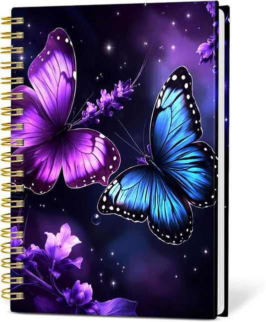 KZYVFNPQ Spiral Journal Notebook for Women Men, A5 Cute Hardcover Lined Notebook with Strong Binding,College Ruled Notebook for Office Work Writing(Purple Blue Butterfly Floral Stars)