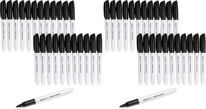 Amazon Basics Fine Tip Permanent Markers for Writing, Drawing, Quick Drying, Office, School, and Home Use, Black, 48 Pack