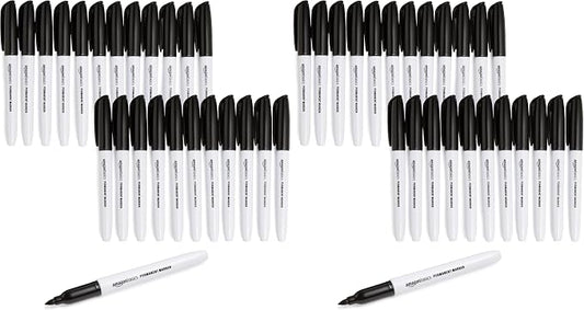 Amazon Basics Fine Tip Permanent Markers for Writing, Drawing, Quick Drying, Office, School, and Home Use, Black, 48 Pack