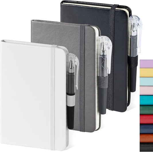 NIRMIRO Small Notebook Pocket Size Journal 3.7" x 5.7", 3 Pack, (White, Grey, Black), 408 Pages, A6 Mini Notepad with Pen, Small Leather Note Book, 100GSM Lined paper, Hardcover