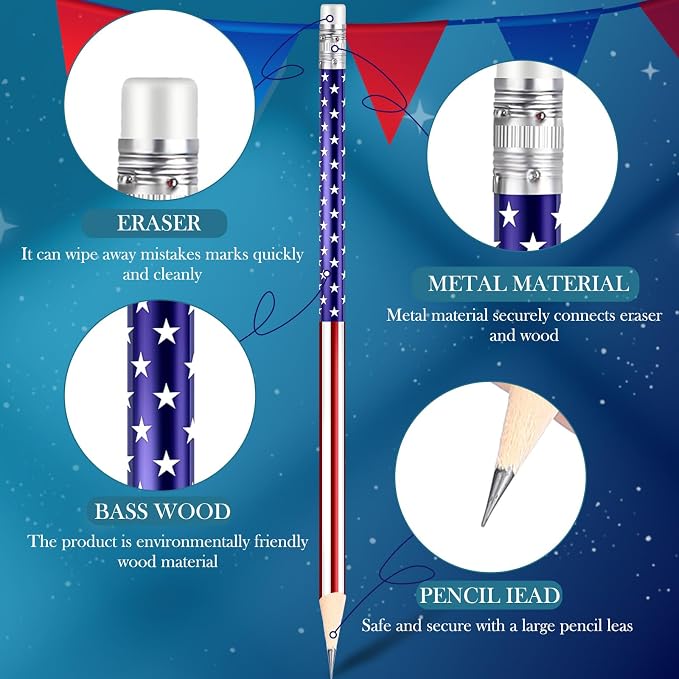 Gersoniel 36 Pieces American Flag Pencils Wooden Patriotic Pencils for 4th of July USA Independence Day 250th Anniversary Parades Party Favors Office Supplies