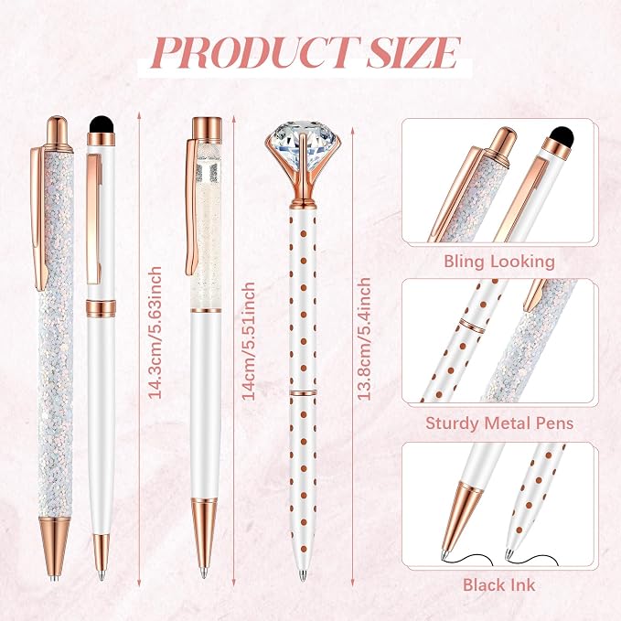 Sabary 8 Pcs White Pens with Pen Holder for Desk Glitter Crystal Diamond Cute Ballpoint Fancy Pencil Holder Bling Desk Organizer for Women Girls School Office Supplies Wedding Graduation Gifts