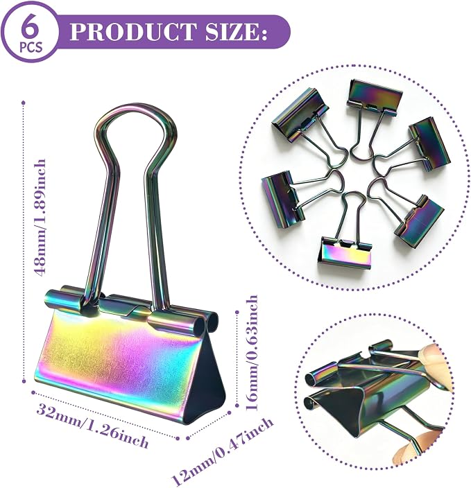 1.25 Inch Rainbow Binder Clips, Medium Paper Clamps for Home Office, 6 Pack | 6 Pcs, Rainbow Paper Clamps, Colorful Binder Clips, for Office Use, Organize Files, Folders, and Documents