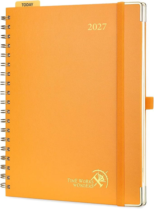 POPRUN 2027 Planner Daily Weekly and Monthly Calendar with Hourly Schedule, Monthly Tabs(Large Size 10'' x 8'' Wire-Bound Hard Cover) - Agenda 2027 (Jan.2027-Dec.2027) - Orange
