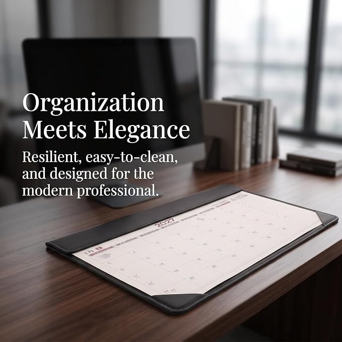 Kisangel Large Desk Blotter Calendar - 2027 PU Leather Computer Pad with Monthly Calendar - 17x12" Desk Mat for Home Office School Study